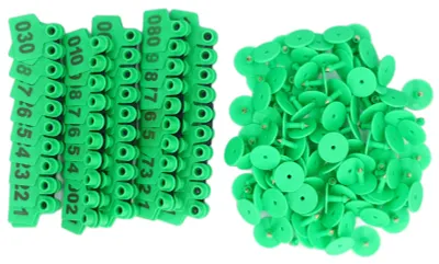Produktbild von 100 Stück Rinder-Ohrmarken, nummeriert 001–100, Vieh-Tier-Tag für Kühe, Kälber, Schweine, Ziegen, Identifikation, Ohrring-Tagger, Grün