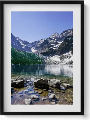 Produktbild von Bergsee-Landschaft– Wandbild mit Rahmen – Gerahmtes Bild  – Wanddekoration – 50x70 cm –  Schwarz Rahmen