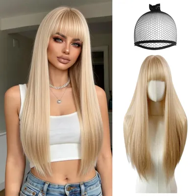 Produktbild von Langer, gerader, blonder Haarteil – Natürliches Aussehen, synthetisches Haar – Perücke mit Pony – Ideal für Cosplay/Kostüme – Bequemer Sitz – Geeignet für Damen – Haarteil
