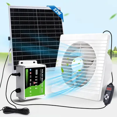 Produktbild von Solar Abluftventilat mit 22W Solarpanel, Timer & Akkuanzeige, Verstellbare Geschwindigkeit, leise <36 dB für Hühnerstall/Gewächshaus/Schuppen