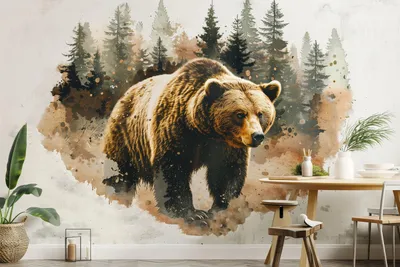 Braunbär in einer strukturierten Waldszene – Decords Wandtattoo, Produktansicht 1
