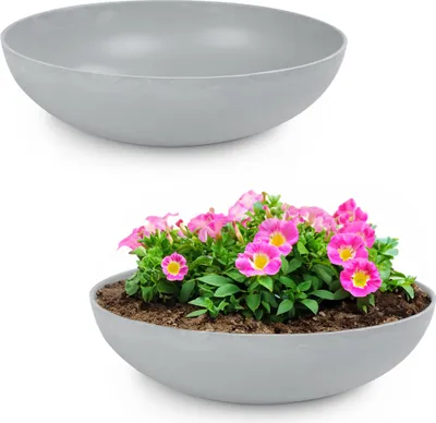 Produktbild von Runde bauchige 45 cm Pflanzschale für draussen, hell-grau marmoriert