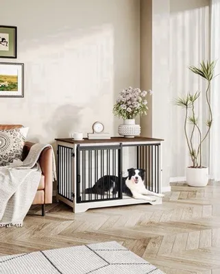 Produktbild von Hundebox aus Holz, Innenbereich – 100 x 60 x 68 cm, weiß und braun – für mittelgroße Hunde – mit Schiebetüren – Hundekäfig als Möbelstück