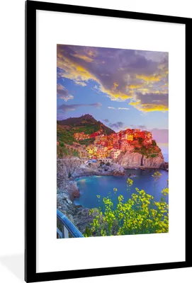 Produktbild von MuchoWow® Gerahmtes Poster Orangefarbene Häuser bei der untergehenden Sonne in Cinque Terre 60x90 cm - Poster mit Schwarzem Bilderrahmen Wandposter Rahmen Foto Bilder - Dekoration - Wandposter Wohnzimmer - Hochwertig