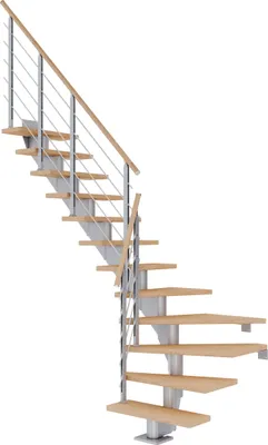 Produktbild von Dolle Mittelholmtreppe Hamburg 1/4 gewendelt Eiche weiß, geölt 75 cm breit für GH 278 – 322 cm UK Metall Perlgrau mit Geländer