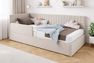 Obrázek produktu pro Postel Bett Bubu, 90x200 cm, čalouněná postel s kovovým rámem a zábradlím, dětská postel s úložným prostorem, potahová látka Riviera, barva béžová