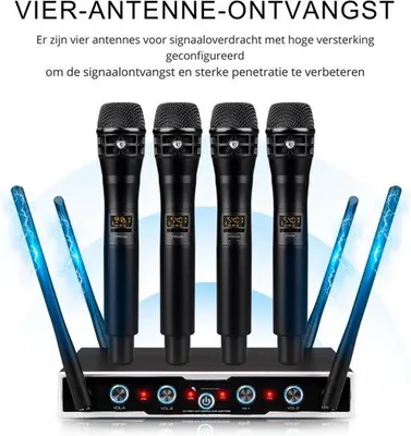 Zdjęcie produktu dla Bezprzewodowy zestaw mikrofonów UHF, 4 x 16 kanałów, mikrofon ręczny, zasięg 80 m, mikrofon do karaoke