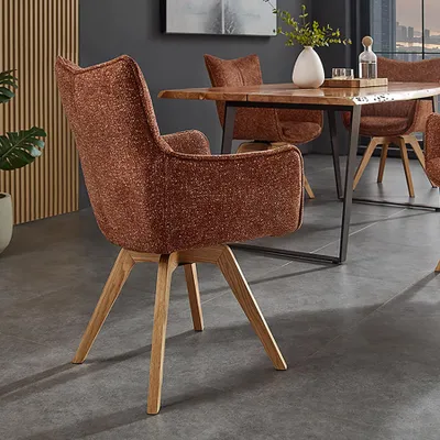 Produktbild von riess-ambiente Drehbarer Design Stuhl VOGUE rost braun natur Strukturstoff Eichenholz 360° mit Armlehne Esszimmerstuhl Essstuhl Drehstuhl