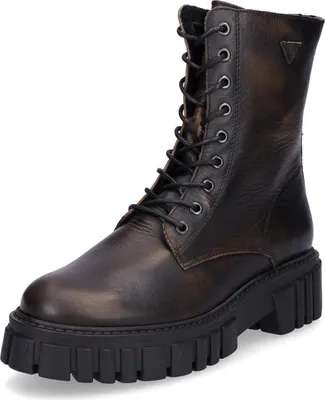 A single brown leather lace-up boot with a thick black sole is shown against a white background.