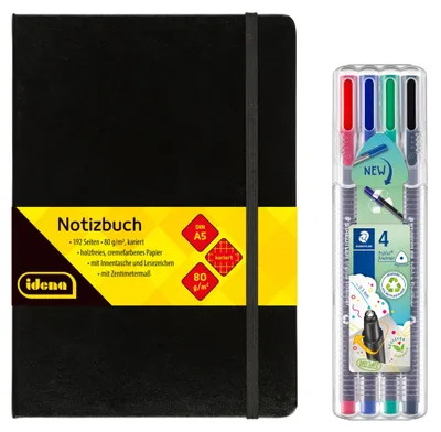 Produktbild von Idena 90325 - Notizbuch DIN A5 mit 192 Seiten, kariert, inkl. 4 STAEDTLER Triplu