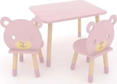 Produktbild von DEKORMANDA – Kindertisch mit Stühlen – Möbel für ein Kinderzimmer – Stühle in Teddybärform für kleine Tierliebhaber – rosafarbener Kindertisch 65 x 50 cm mit 2 Stühlen – ein Set aus Tisch und zwei Stühlen für Kinder, perfekt zum Lernen und Spielen