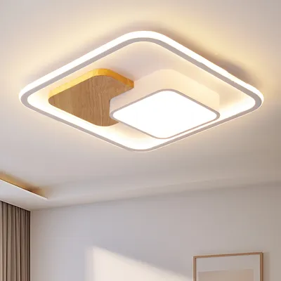 Produktbild von Style home 93W LED Deckenleuchte Holz Deckenlampe, 52 * 52 * 8.5cm, dimmbar mit Fernbedienung, quadratische Leuchte für Wohnzimmer Schlafzimmer Büro
