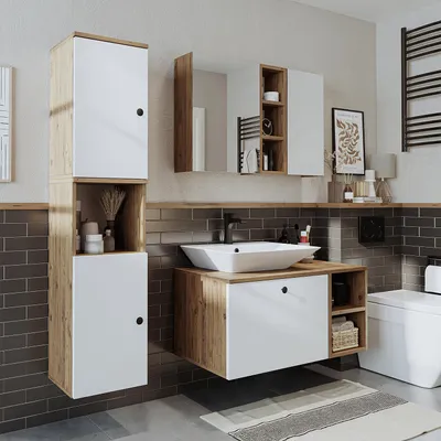 Zdjęcie produktu dla Zestaw mebli łazienkowych Roomart LOTUS-II-95, 4-częściowy, szerokość 95 cm, biały dąb