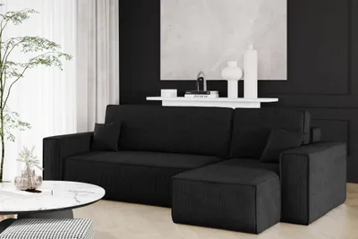 Productafbeelding van Eckbank, slaapbank, bank MARIS, bekleding: stof Poso, kleur: zwart, met ottomaan aan de rechterkant