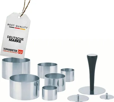 Produktbild von TOPANBIETER 999 Dessert- und Speisenringe Premium Set Edelstahl 10-teilig, Profi Speisenringe Ø 4/6/8 cm, mit Presse & Griff, Anrichtringe, Kochringe, Formringe für Vorspeisen, Desserts & Beilagen