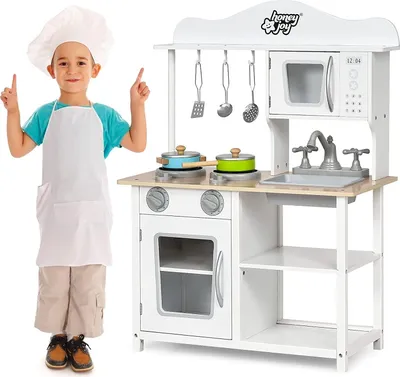 Produktbild von GOPLUS Kinderküche aus Holz, Küche für Kinder, Spielküche mit Metall Zubehör, Spüte, Backofen, Mikrowelle, Kochfeld, Holzküche, Kinderrollenspiele, weiß