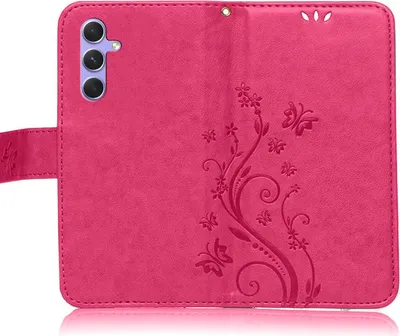 A pink flip case for a Samsung Galaxy A54 5G phone, with a floral and butterfly embossed design.