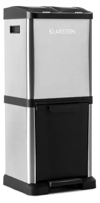 Obrázok produktu pre Klarstein Ökosystem², odpadkový kôš, separátor odpadu, pedálový kôš, recyklačný kôš, 30 l, 3 nádoby, otváranie tlačidlom a nožným pedálom, vežový dizajn, PE, nehrdzavejúca oceľ, strieborno-čierna farba