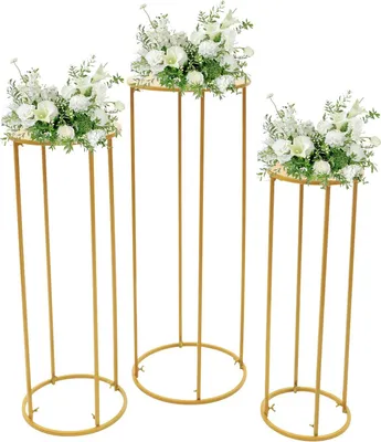 Image de Lot de 3 supports à fleurs - Supports cylindriques - Colonnes à fleurs en métal - Démontables - Décoration pour mariages, anniversaires et événements - Doré