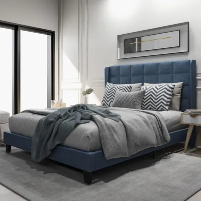 Produktbild von MODFU Polsterbetten 140×200 cm Doppelbett mit seinem gepolstertes Kopfteil,Bettrahmen Holzbett mit Lattenrost,ohne Matratze,Blau