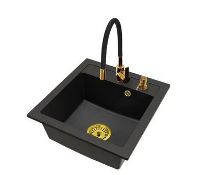 Produktbild von Granitspüle Küchenspüle Schwarz mit FLEX Armatur Gold, Siphon Gold und Seifenspender