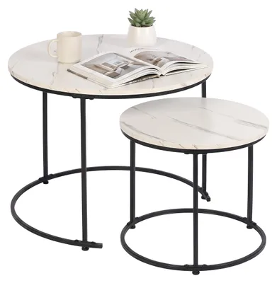 Produktbild von Relaxdays Satztisch, 2er Set, 2 Größen, Marmoroptik, Metall, runde Beistelltische, Wohnzimmer, Couchtisch, weiß/schwarz