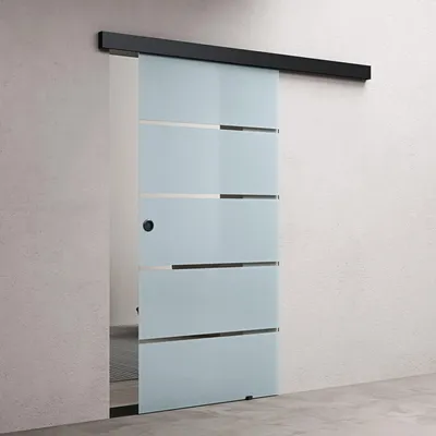 Produktbild von doporro Glasschiebetür komplettset 90 x 205cm Schiebetür mit ESG 15mm Wandabstand Zimmertür Glas 5-Milchglas-Streifen mit Muschelgriff Schwarz