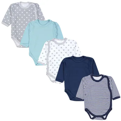 Produktbild von TupTam Baby Langarm Wickelbody Mädchen Body Jungen im 5er Set, Farbe: Streifen Dunkelblau Sterne Grau Grün, Größe: 68