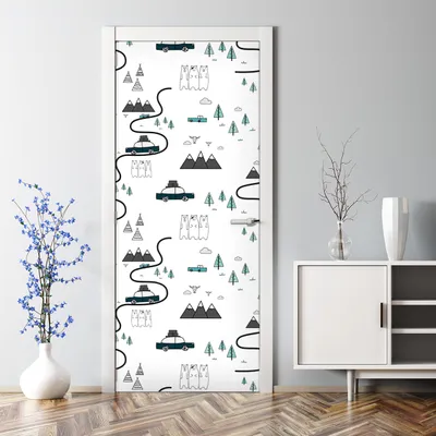 Produktbild von Dekorative Tür Wandaufkleber Wandtattoo selbstklebend dekoration Autos Wald Berge Bären 77 x 200 cm