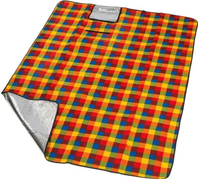 A picnic blanket with a checkered pattern and a silver underside.