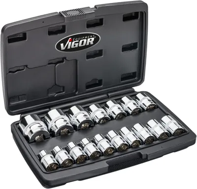 Obrázek produktu pro VIGOR V7512/17 Sada klíčů s dvojitým šestihranem ∙ Dutý čtyřhran 1/2 palce (12,5 mm) ∙ Vnější dvojitý šestihranný profil ∙ Počet nástrojů: 17