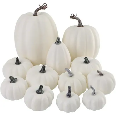 Image de Lot de 12 citrouilles artificielles blanches, de différentes tailles, en mousse, pour la décoration d'automne