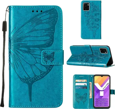 Produktbild von VIVO Y15S 2021 Hülle, Schmetterling Prägung Flip Leder Kartenfächer Schutzhülle Ledertasche mit Ständer für VIVO Y15S 2021 / Y15A Blau