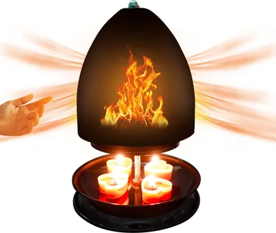 A hand is shown reaching towards a candle-powered heater that displays a flame effect.