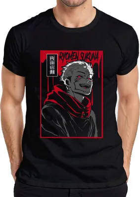 Zdjęcie produktu dla Koszulka męska z nadrukiem Ryomen Sukuna z anime „Jujutsu Kaisen: Demon Red” w stylu anime, kolor czarny, rozmiar M