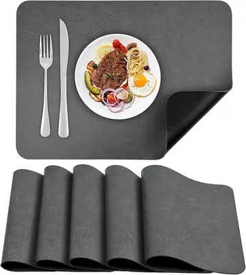 Produktbild von PolkaHome® Platzsets waschbar 6er Set Hitzebeständig 43x30 cm Kunstleder Tischset Wasserabweisend Doppelseitig Grau/Schwarz