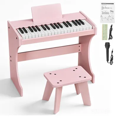 Image de LEADZM, piano électronique pour enfants, 37 touches, ensemble complet en bois avec tabouret, clavier pour enfants, piano numérique en bois pour les enfants à partir de 3 ans, couleur rose