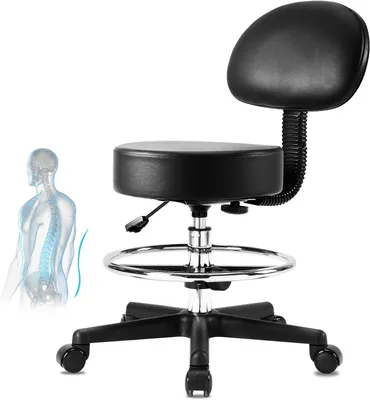 Zdjęcie produktu dla Taboret obrotowy z oparciem ergonomiczny na kółkach do 180 kg POWYSTAWOWY