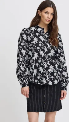 Obrázek produktu pro Atelier Rêve IRRosella Dámská blůza, košile s dlouhým rukávem, s límečkem typu Kent a manžetami se dvěma knoflíky, vzorovaná, 100 % bavlna, volný střih