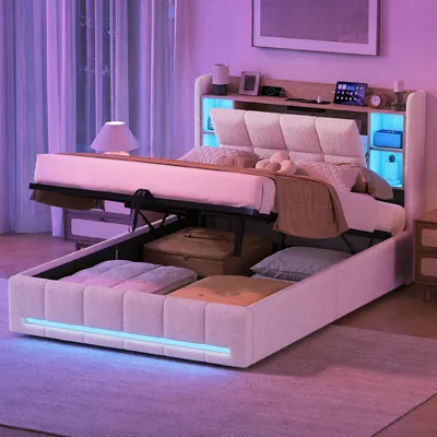 Imagen del producto de Cama con somier INONEFT de 140x200 cm con LED y USB, cama tapizada de matrimonio con cabecero con espacio de almacenamiento, cama con sistema hidráulico de almacenamiento, cama juvenil, color beige