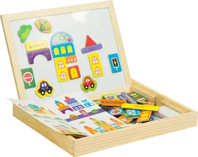 Zdjęcie produktu dla Drewniana tablica magnetyczna dla dzieci, Miasto, 64 magnesy, dwustronna