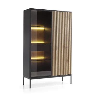 A modern display cabinet with glass doors and wooden slatted doors, illuminated from within.
