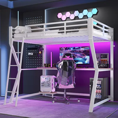 A modern gaming bedroom setup featuring a white loft bed with a desk underneath, a gaming chair, a computer, and a mini-fridge.