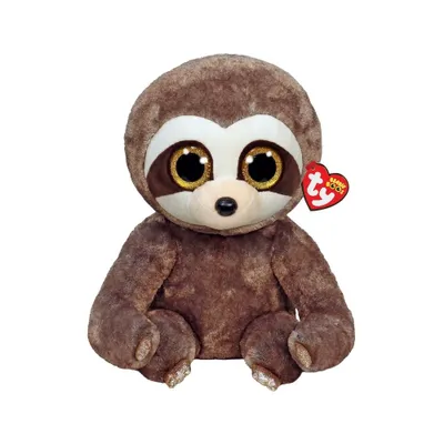 A plush sloth toy is shown sitting against a white background.
