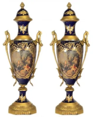 Immagine prodotto di Set di due calici in porcellana barocca "Casa Padrino", con decorazioni in cobalto e oro, dimensioni 20 x 58 cm. Calici decorativi ideali per ambienti eleganti