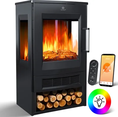 A black electric fireplace with a realistic flame effect, logs, a remote control, and a smartphone displaying temperature settings.