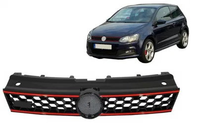 Productafbeelding van Centrale radiatorgrille voor VW Polo 6R, modeljaren 2009-2014, met honingraatpatroon en GTI-design.