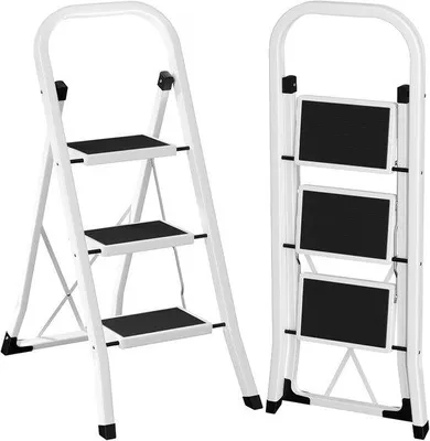 Productafbeelding van Vouwladder met 3 treden, inklapbare ladder met brede, antislip treden en een veiligheidsslot, wit