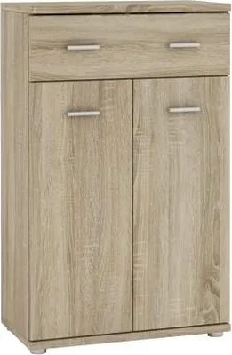 A front view of a light brown wooden cabinet with two doors and a drawer.