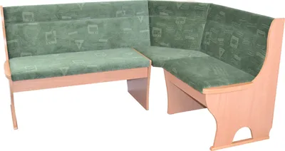 A corner bench with green patterned upholstery and a light wood frame, shown against a white background.